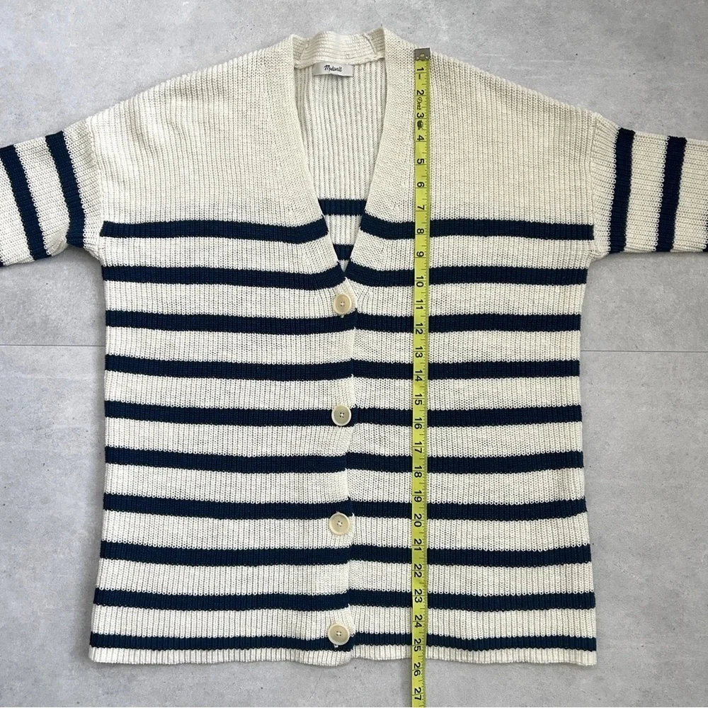 Madewell Striped V-Neck Button Front Cotton Cardigan | Small | Navy & Cream